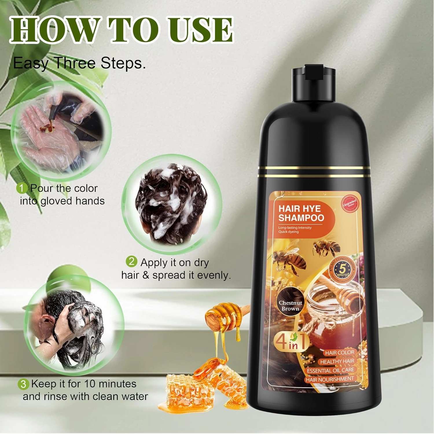 Hair Dye Shampoo 3 in 1 for Women & Men 100% Gray Hair Coverage - Herbal Ingredients Natural Plant Hair Color - Hair Dye in Minutes 500ML（Chestnut Brown）
