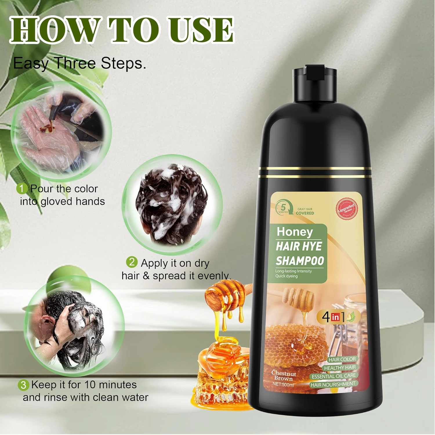 Hair Dye Shampoo 3 in 1 for Women & Men 100% Gray Hair Coverage - Herbal Ingredients Natural Plant Hair Color - Hair Dye in Minutes 500ML（Chestnut Brown）