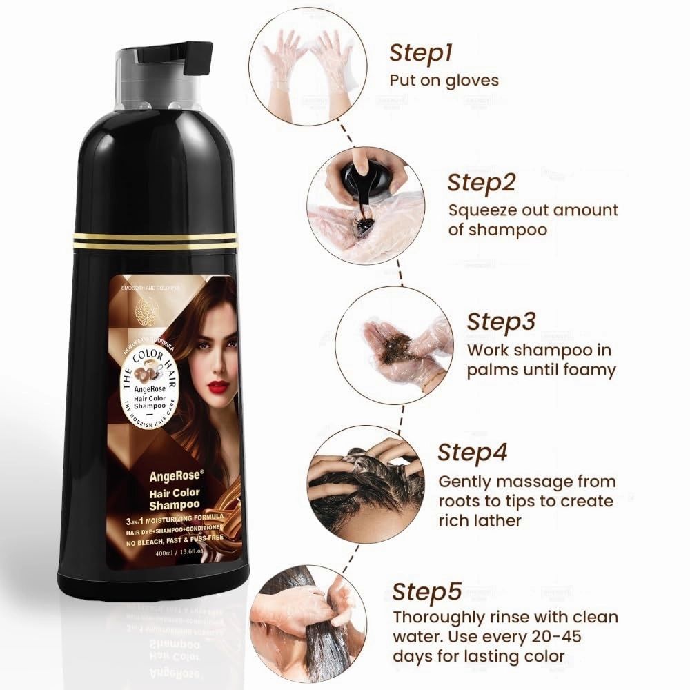 Hair Dye Shampoo 3 in 1, Instant Herb Ingrident Hair Dye to Cover Gray Hair, Long-lasting & Natual, Chestnut Brown, 400 ML