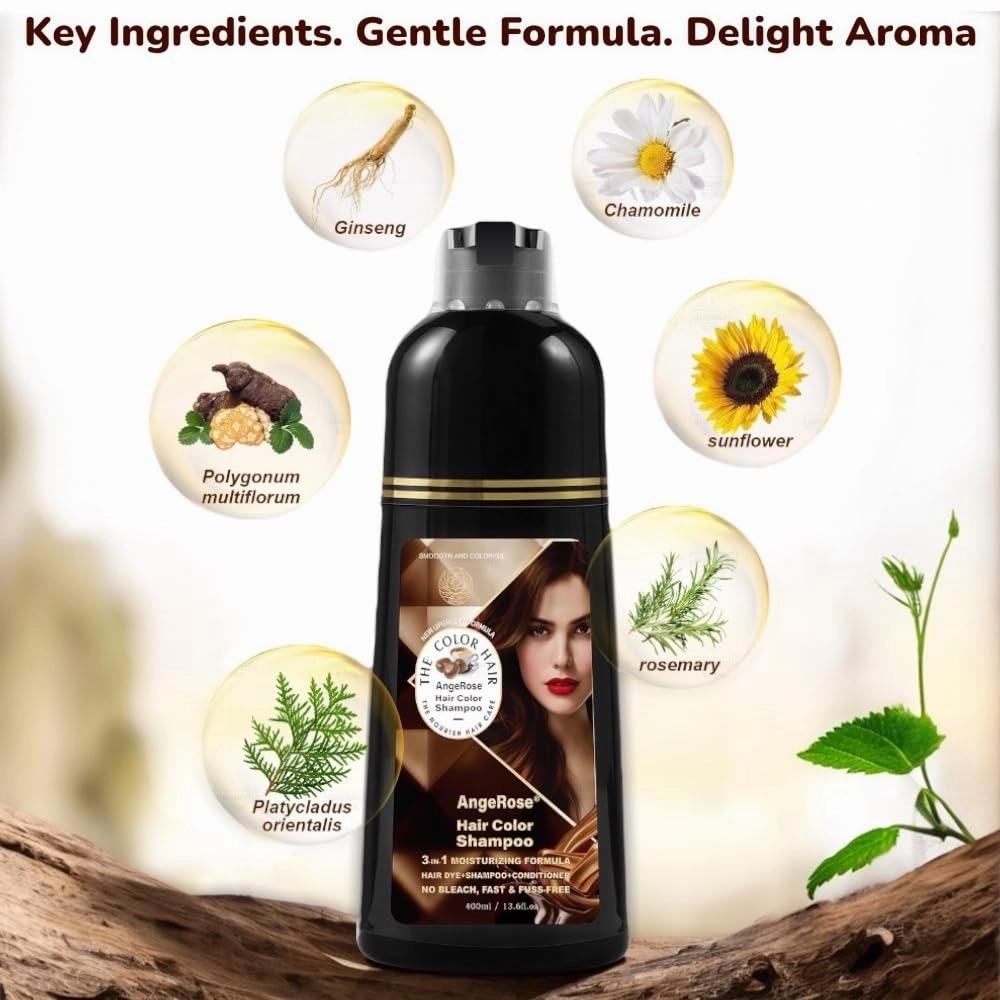 Hair Dye Shampoo 3 in 1, Instant Herb Ingrident Hair Dye to Cover Gray Hair, Long-lasting & Natual, Chestnut Brown, 400 ML