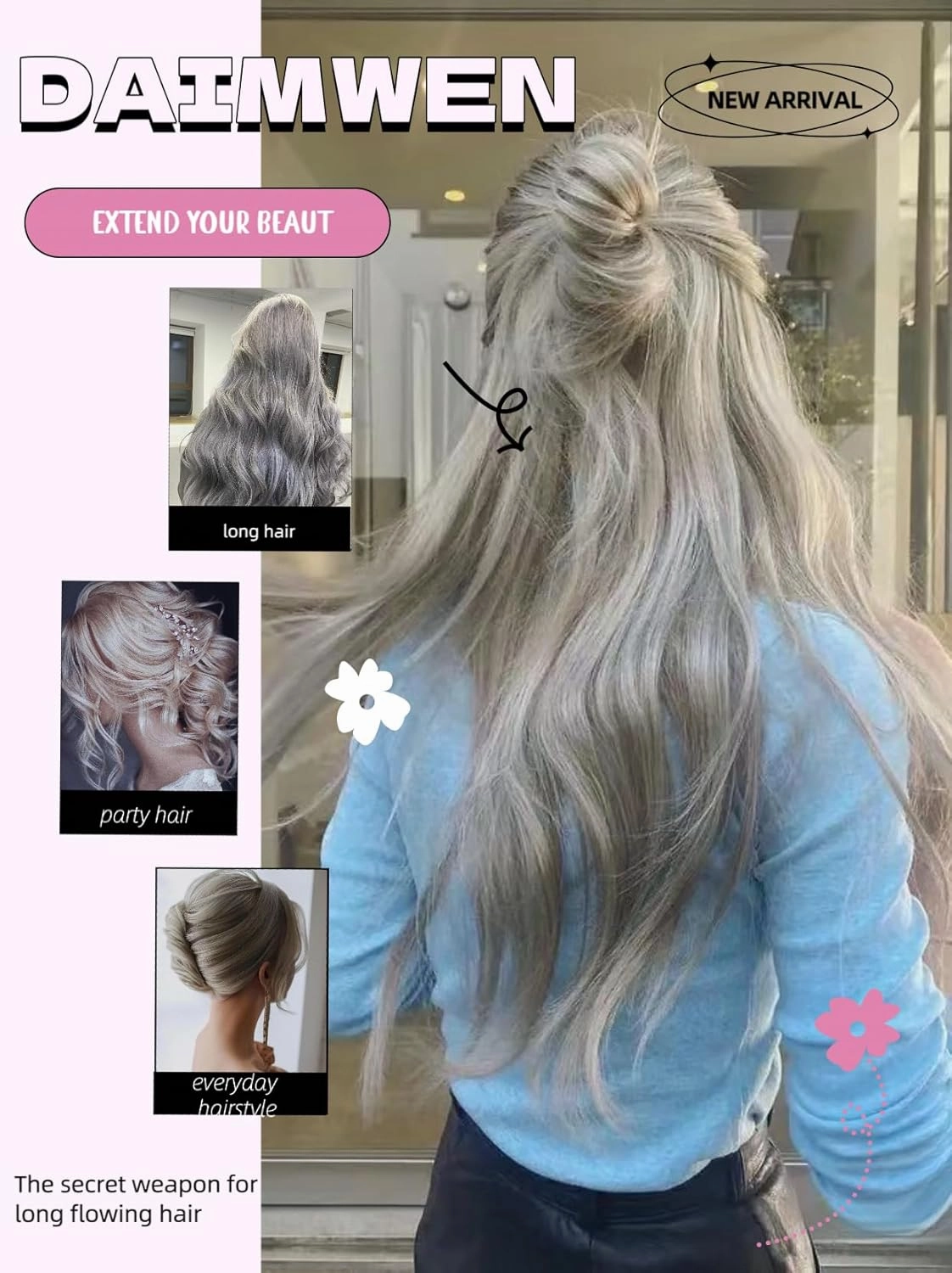 Hair Extensions Long Curly Hair for Women Wavy Clip in Hair Extensions 4 Piece Set 20 Inch Synthetic Hair (Sliver Grey)