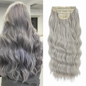 Hair Extensions Long Curly Hair for Women Wavy Clip in Hair Extensions 4 Piece Set 20 Inch Synthetic Hair (Sliver Grey)