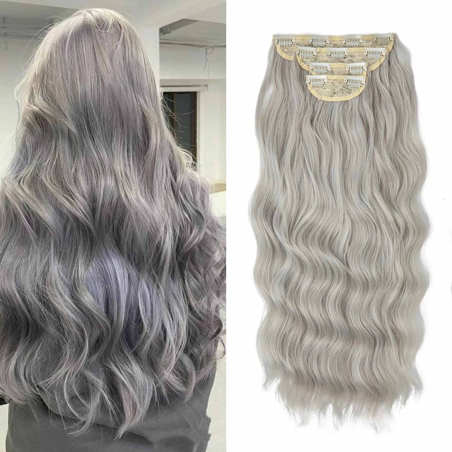 Hair Extensions Long Curly Hair for Women Wavy Clip in Hair Extensions 4 Piece Set 20 Inch Synthetic Hair (Sliver Grey)