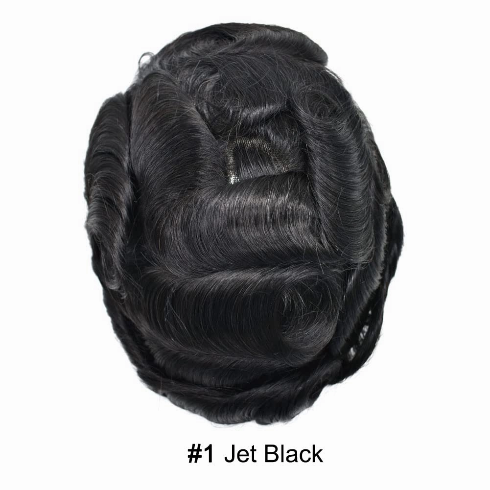 Hair Piece For Men Full French Lace Mens Toupee Human Hair Replacement Systems Bleached Knots Men Toupee Hair Systems Hair Pieces For Men 8x10-100% Light medium density#1 JET BLACK
