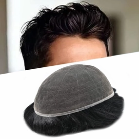 Hair Piece For Men Full French Lace Mens Toupee Human Hair Replacement Systems Bleached Knots Men Toupee Hair Systems Hair Pieces For Men 8x10-100% Light medium density#1 JET BLACK