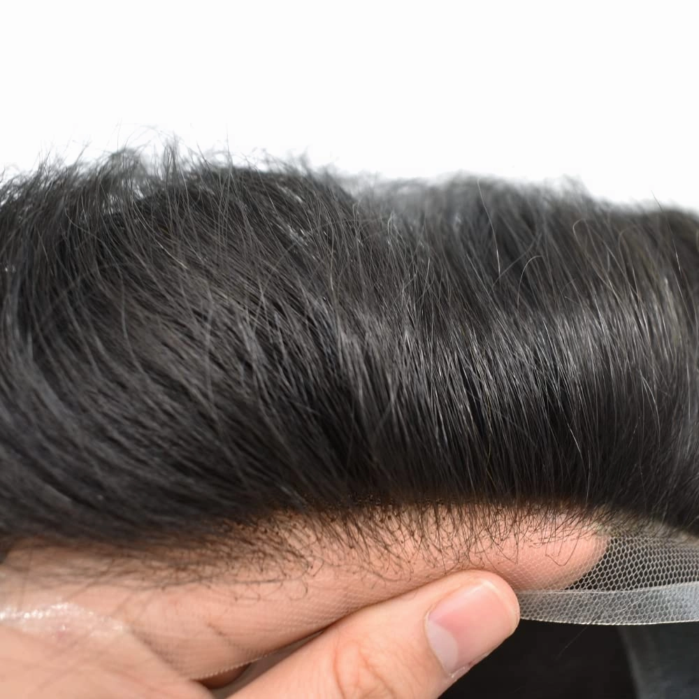 Hair Piece For Men Full French Lace Mens Toupee Human Hair Replacement Systems Bleached Knots Men Toupee Hair Systems Hair Pieces For Men 8x10-100% Light medium density#1 JET BLACK