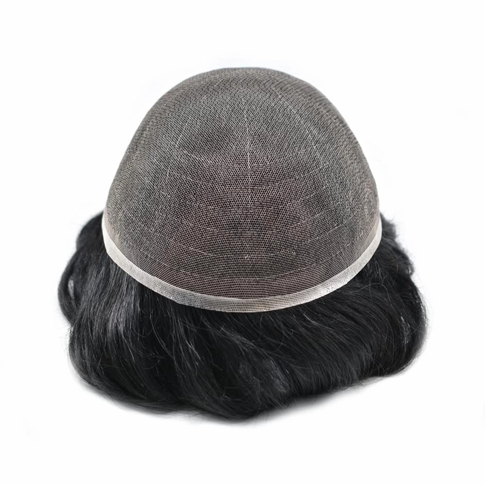 Hair Piece For Men Full French Lace Mens Toupee Human Hair Replacement Systems Bleached Knots Men Toupee Hair Systems Hair Pieces For Men 8x10-100% Light medium density#1 JET BLACK