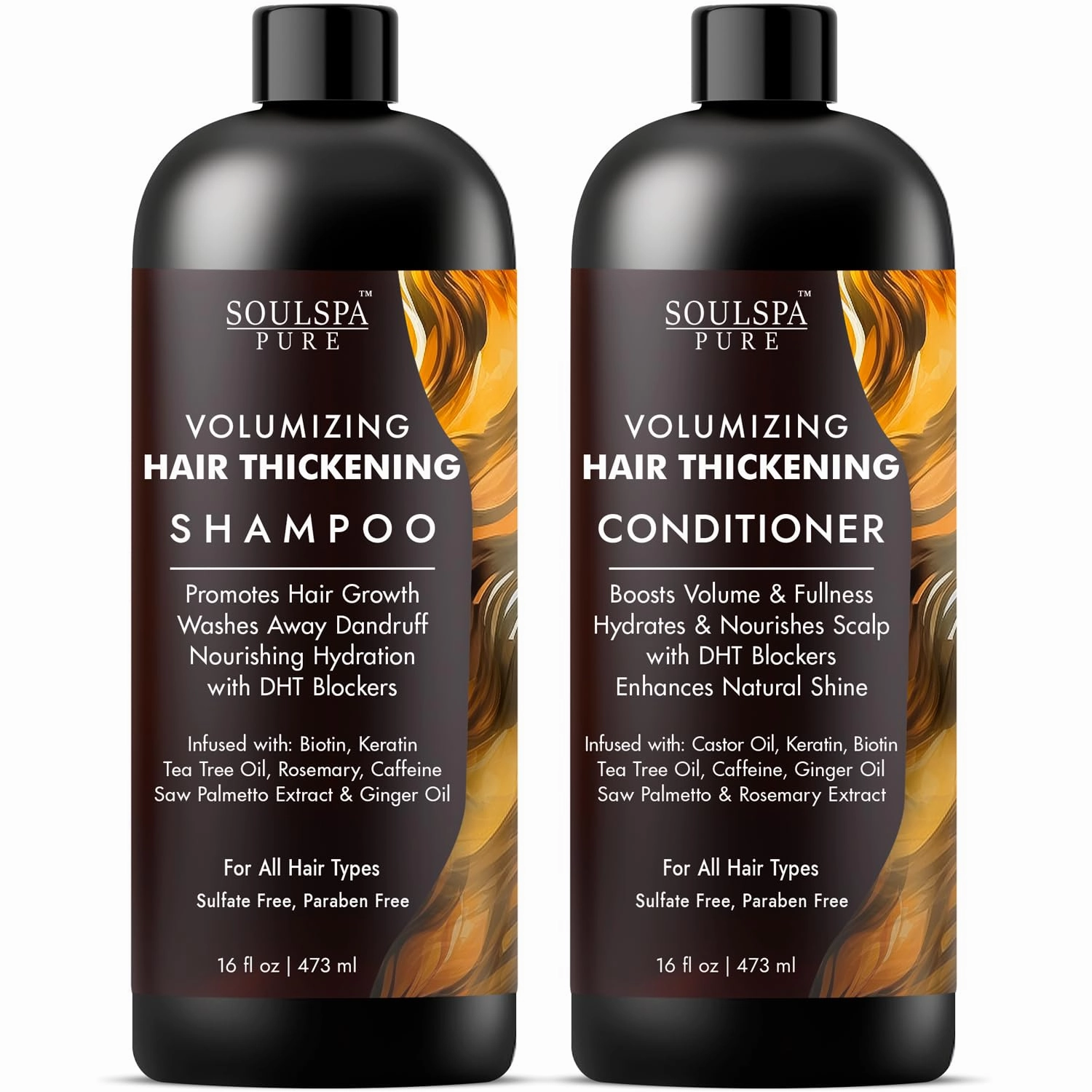 Hair Thickening Shampoo and Conditioner Set - Volumizing & Growth Support with DHT Blockers, Biotin, Keratin, Tea Tree Oil, Caffeine, Saw Palmetto Extract - Men & Women - 16 fl oz Each