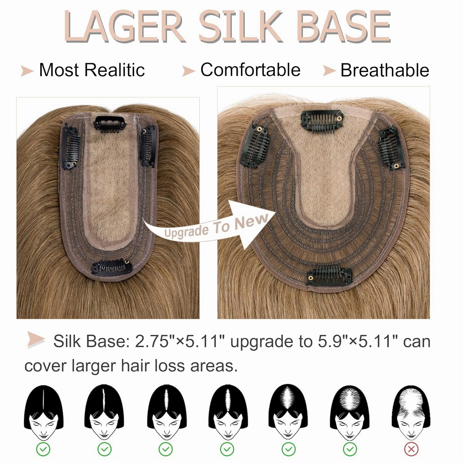 Hair Toppers for Women Real Human Hair No Bangs 13 * 15 cm Larger Silk Base 150% Density Clip In Topper Hairpieces Wiglet Top Hair Pieces for Women Whin Thinning Hair /10 Inch Light Brown