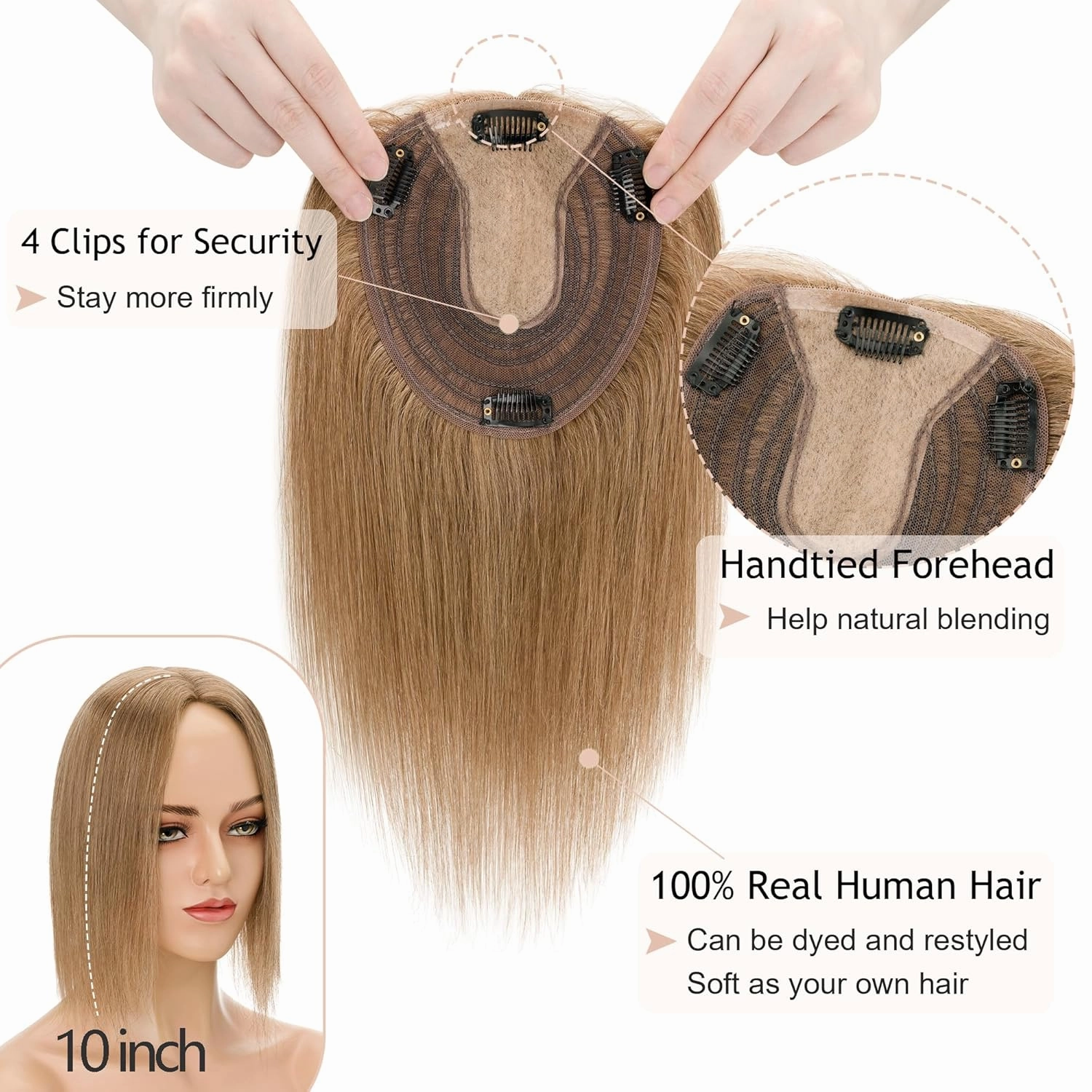 Hair Toppers for Women Real Human Hair No Bangs 13 * 15 cm Larger Silk Base 150% Density Clip In Topper Hairpieces Wiglet Top Hair Pieces for Women Whin Thinning Hair /10 Inch Light Brown