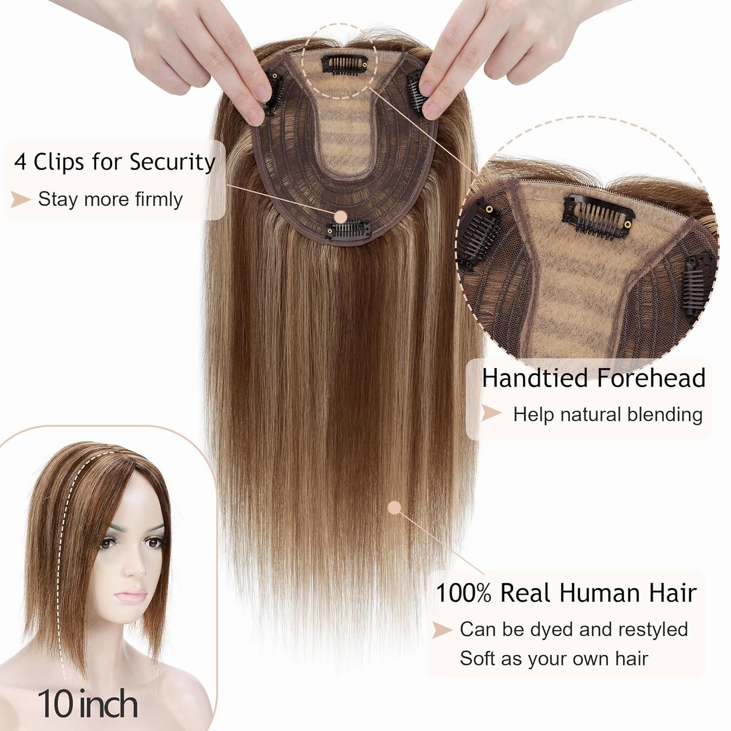 Hair Toppers for Women Real Human Hair No Bangs 13 * 15 cm Larger Silk Base 150% Density Clip In Topper Hairpieces Wiglet Top Hair Pieces for Women Whin Thinning Hair //10 Inch 4P27