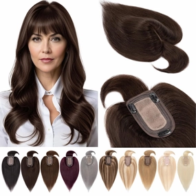 Hair Toppers for Women Real Human Hair With Bangs, 7 * 13 CM Silk Base Clip In Topper Hairpieces, Wiglet Top Pieces Add Volume -8 Inch Dark Brown