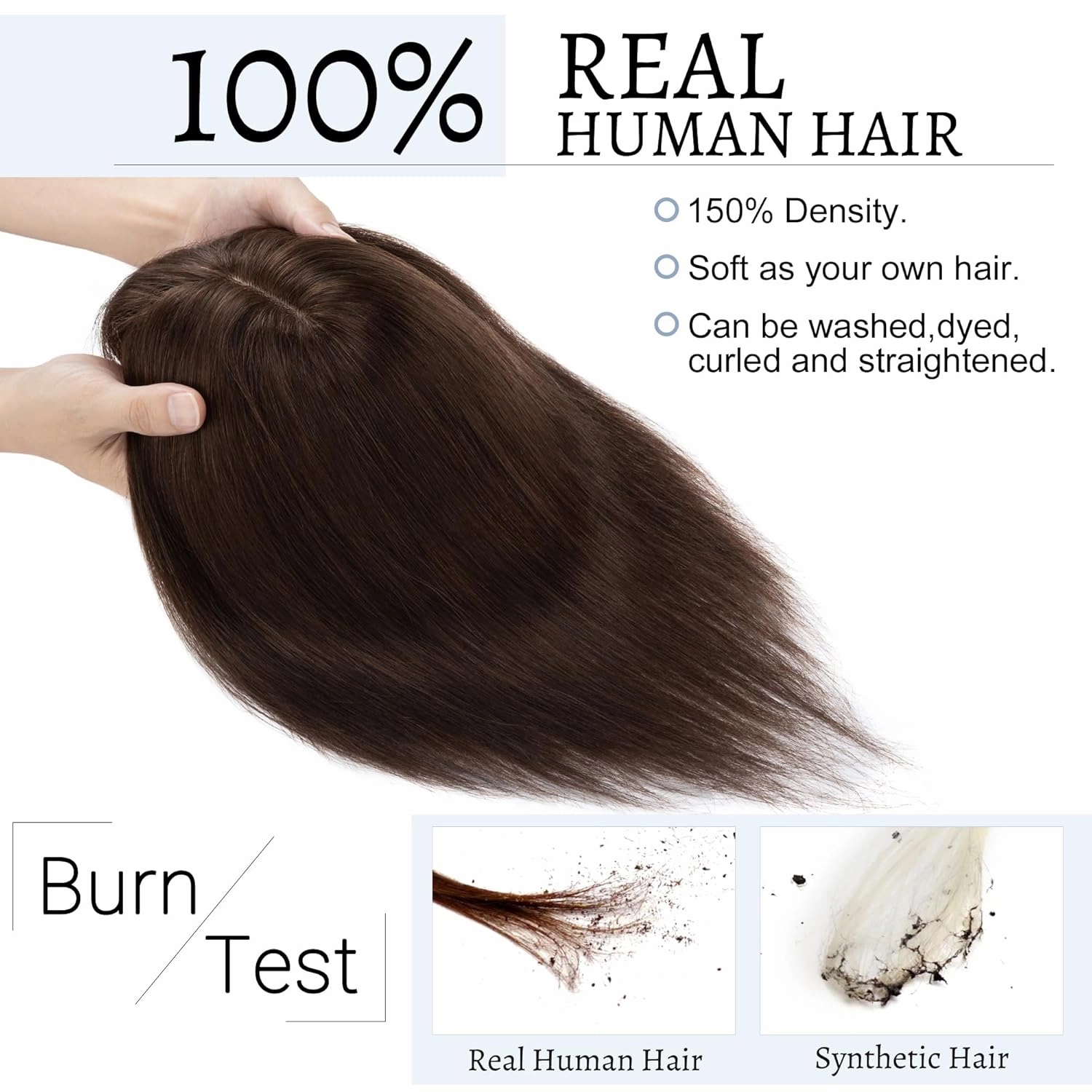 Hair Toppers for Women Real Human Hair With Bangs, 7 * 13 CM Silk Base Clip In Topper Hairpieces, Wiglet Top Pieces Add Volume -8 Inch Dark Brown