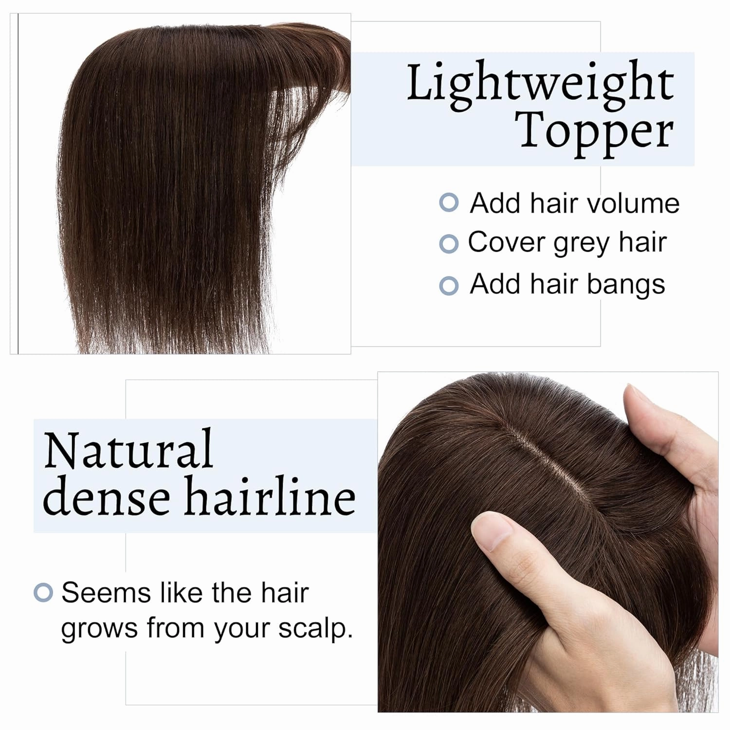 Hair Toppers for Women Real Human Hair With Bangs, 7 * 13 CM Silk Base Clip In Topper Hairpieces, Wiglet Top Pieces Add Volume -8 Inch Dark Brown