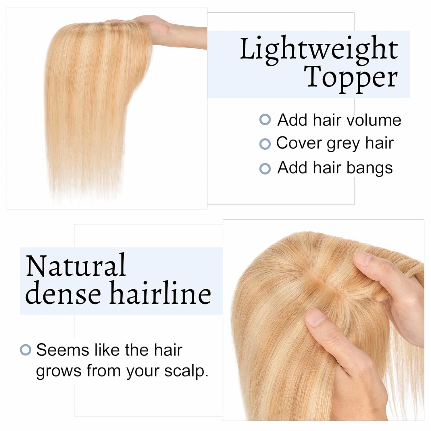 Hair Toppers for Women Real Human Hair With Bangs 7 * 13 CM Silk Base Clip In Wiglet Top Pieces for Women-6 Inch Ash Blonde&Bleach Blonde
