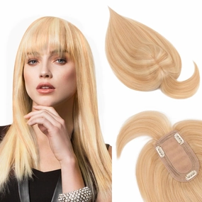 Hair Toppers for Women Real Human Hair With Bangs 7 * 13 CM Silk Base Clip In Wiglet Top Pieces for Women-6 Inch Ash Blonde&Bleach Blonde