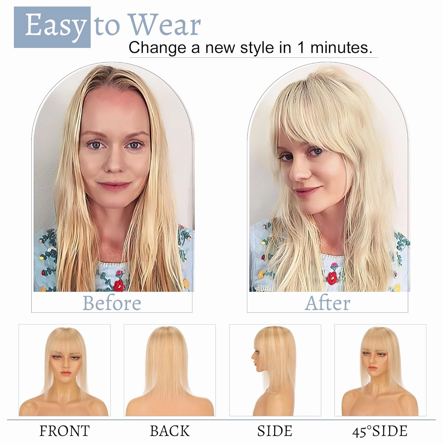 Hair Toppers for Women Real Human Hair With Bangs 7 * 13 CM Silk Base Clip In Wiglet Top Pieces for Women-6 Inch Ash Blonde&Bleach Blonde
