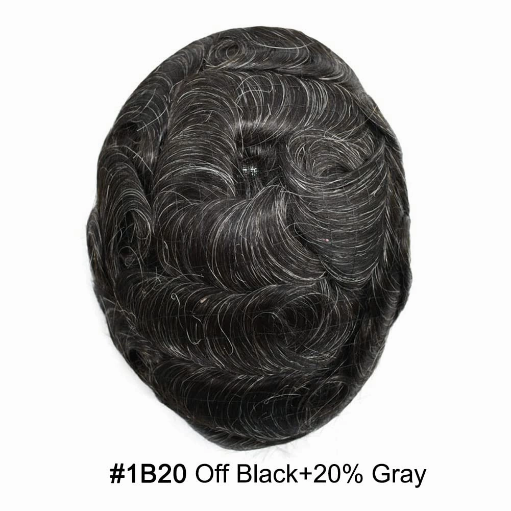 Hairpiece For Mens Toupee Human Hair Durable Fine Welded Monofulament Toupee For Mens Hair Replacement System Hair Piece For Mens 8X10#1B20#1B OFF BLACK 20% GREY 100% Density