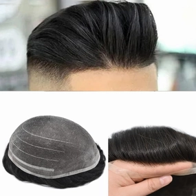 Hairpiece For Mens Toupee Human Hair Durable Fine Welded Monofulament Toupee For Mens Hair Replacement System Hair Piece For Mens 8X10#1B OFF BLACK 100% Density