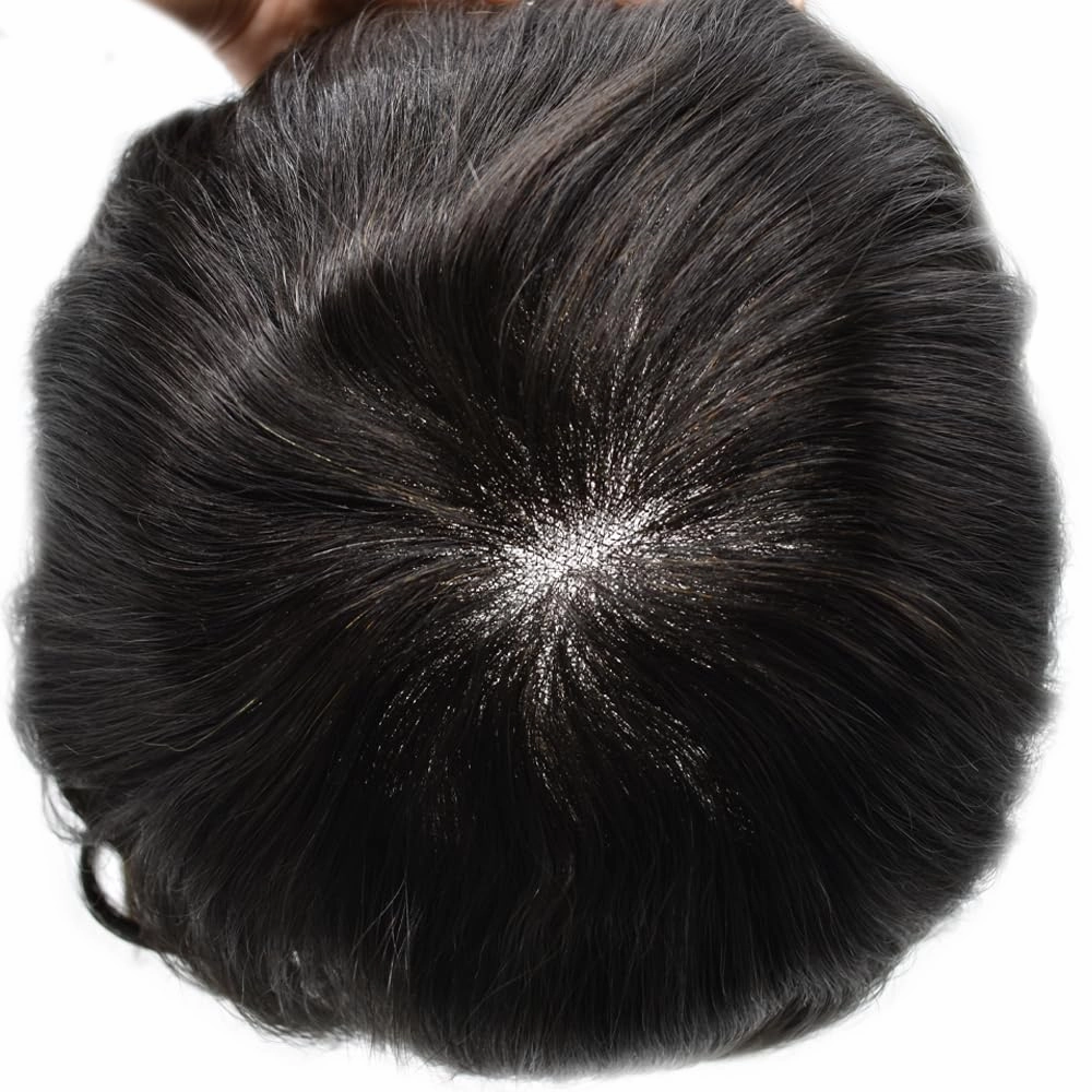Hairpiece For Mens Toupee Human Hair Durable Fine Welded Monofulament Toupee For Mens Hair Replacement System Hair Piece For Mens 8X10#1B OFF BLACK 100% Density
