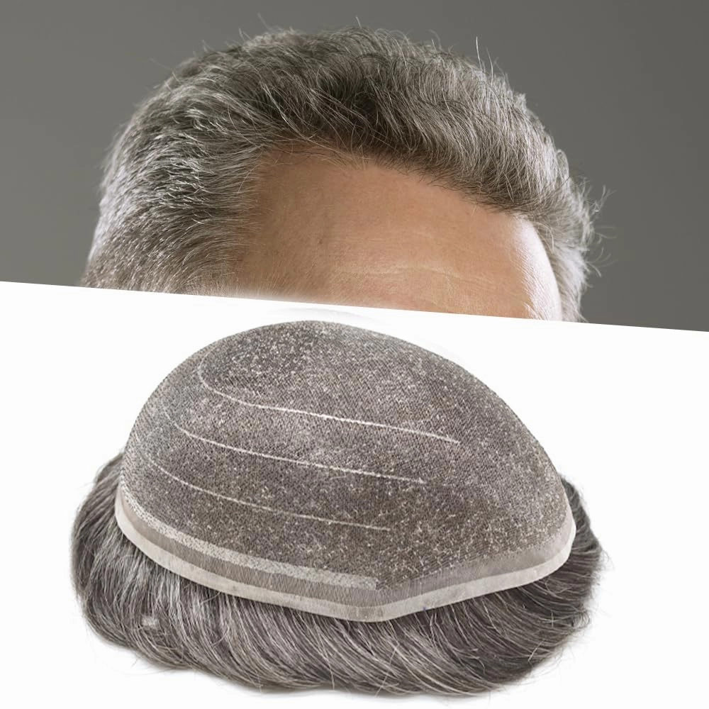 Hairpiece For Mens Toupee Human Hair Durable Fine Welded Monofulament Toupee For Mens Hair Replacement System Hair Piece For Mens 8X10#365#3 DARK BROWN 65% GREY 100% Density