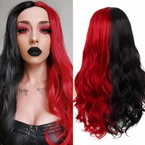 Half Black Half Red Wig Long Curly Wavy Middle Part Synthetic Heat Resistant Wig for Women