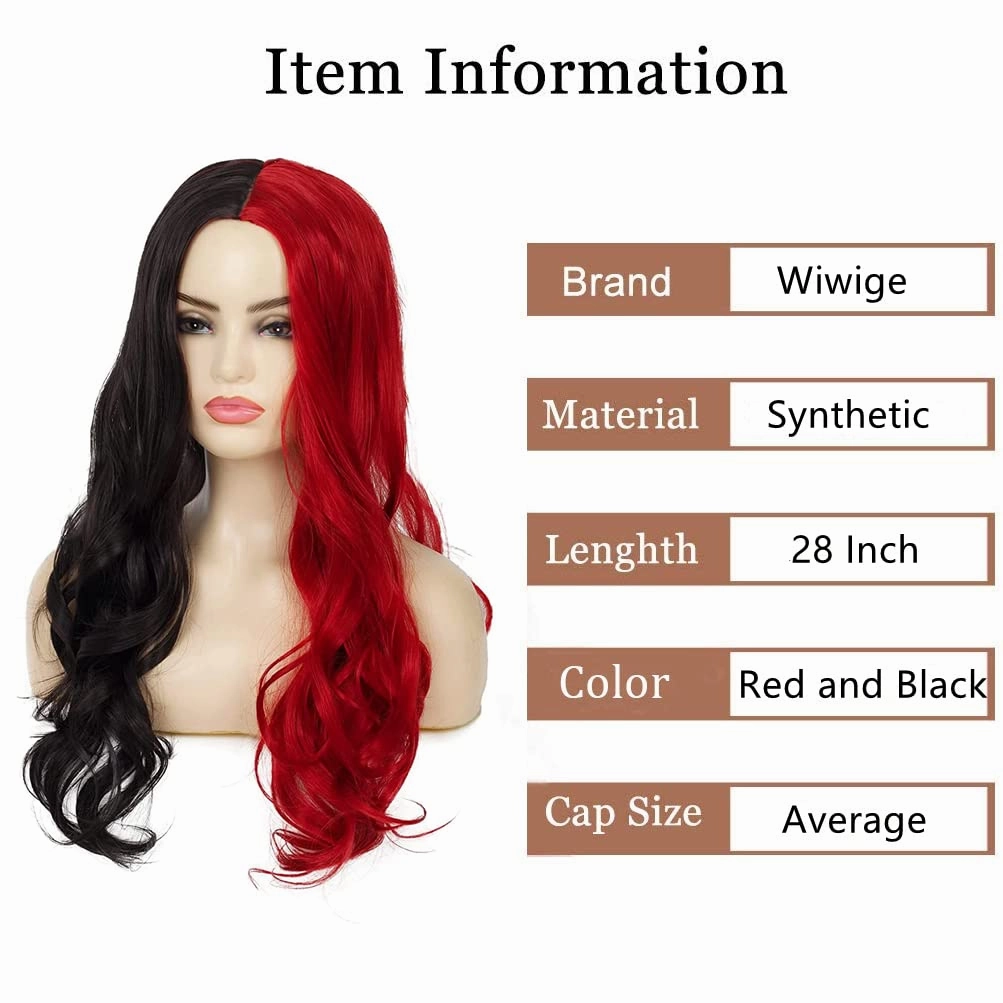 Half Black Half Red Wig Long Curly Wavy Middle Part Synthetic Heat Resistant Wig for Women
