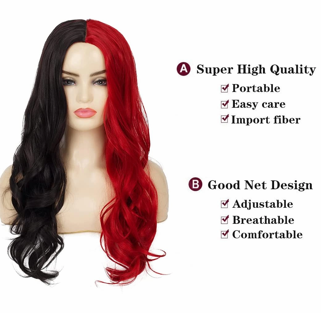 Half Black Half Red Wig Long Curly Wavy Middle Part Synthetic Heat Resistant Wig for Women