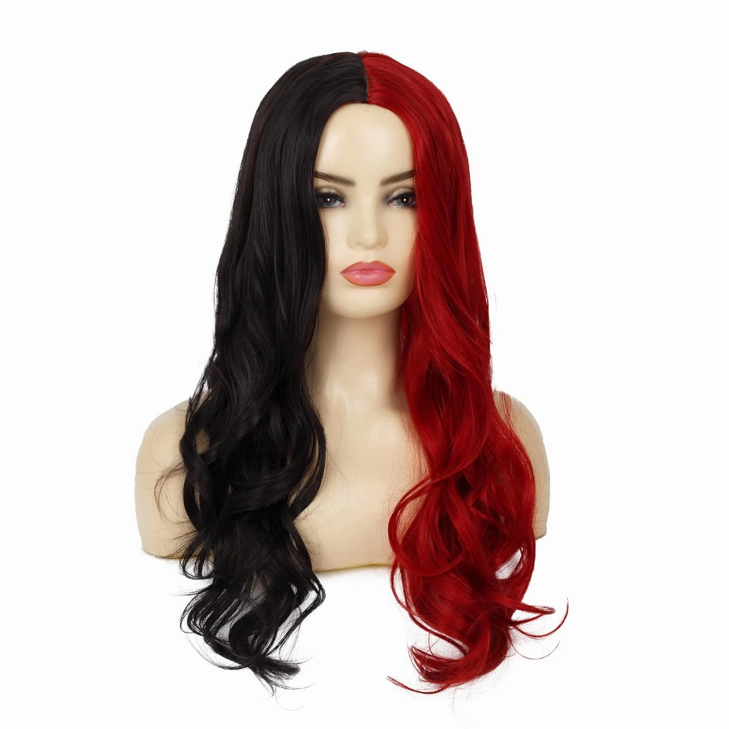 Half Black Half Red Wig Long Curly Wavy Middle Part Synthetic Heat Resistant Wig for Women