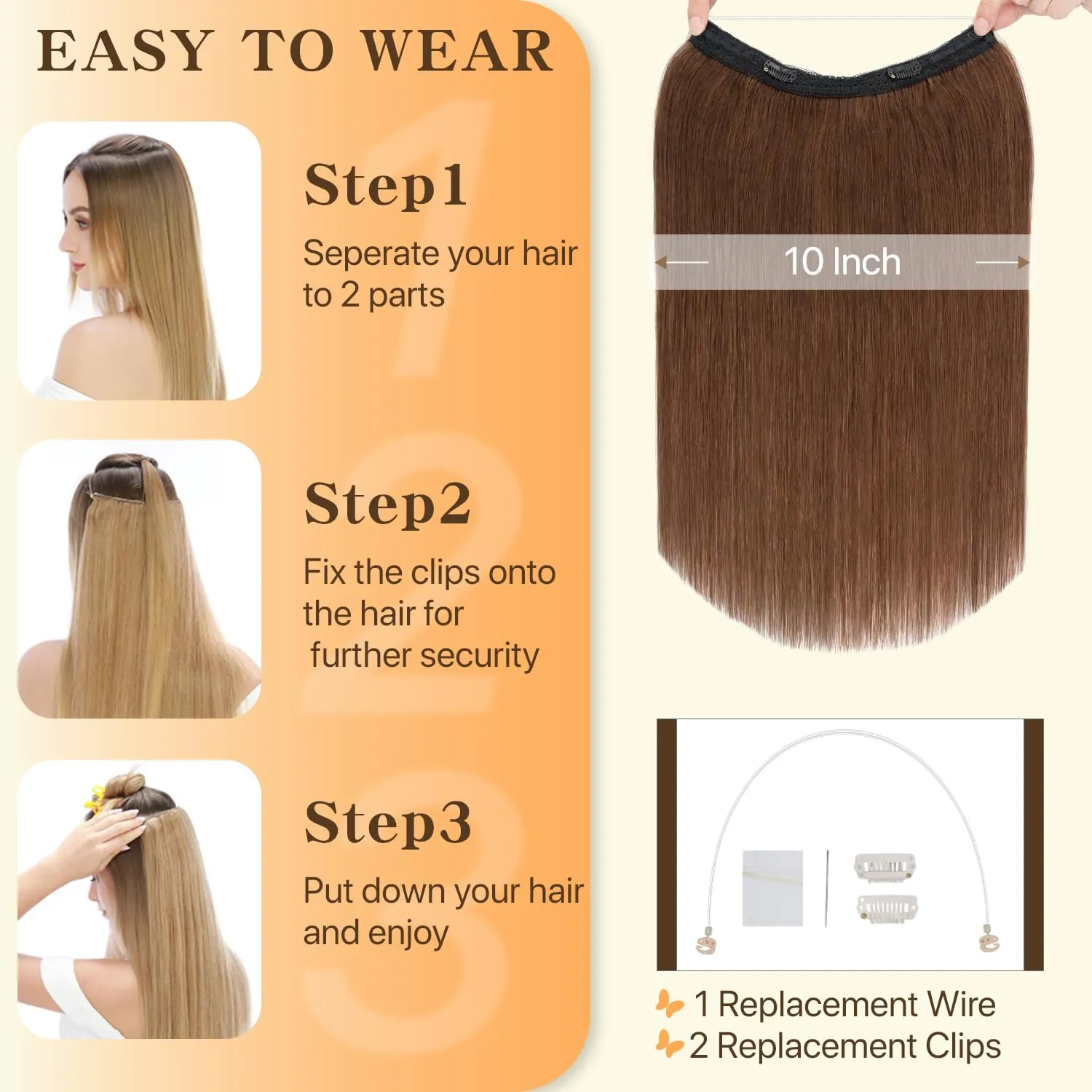 Halo Hair Extensions Straight, 100% Real Human Hair,No Tangle & Smooth,Invisible Wire Extensions for Women,55g,12 Inch, #04 Medium Brown