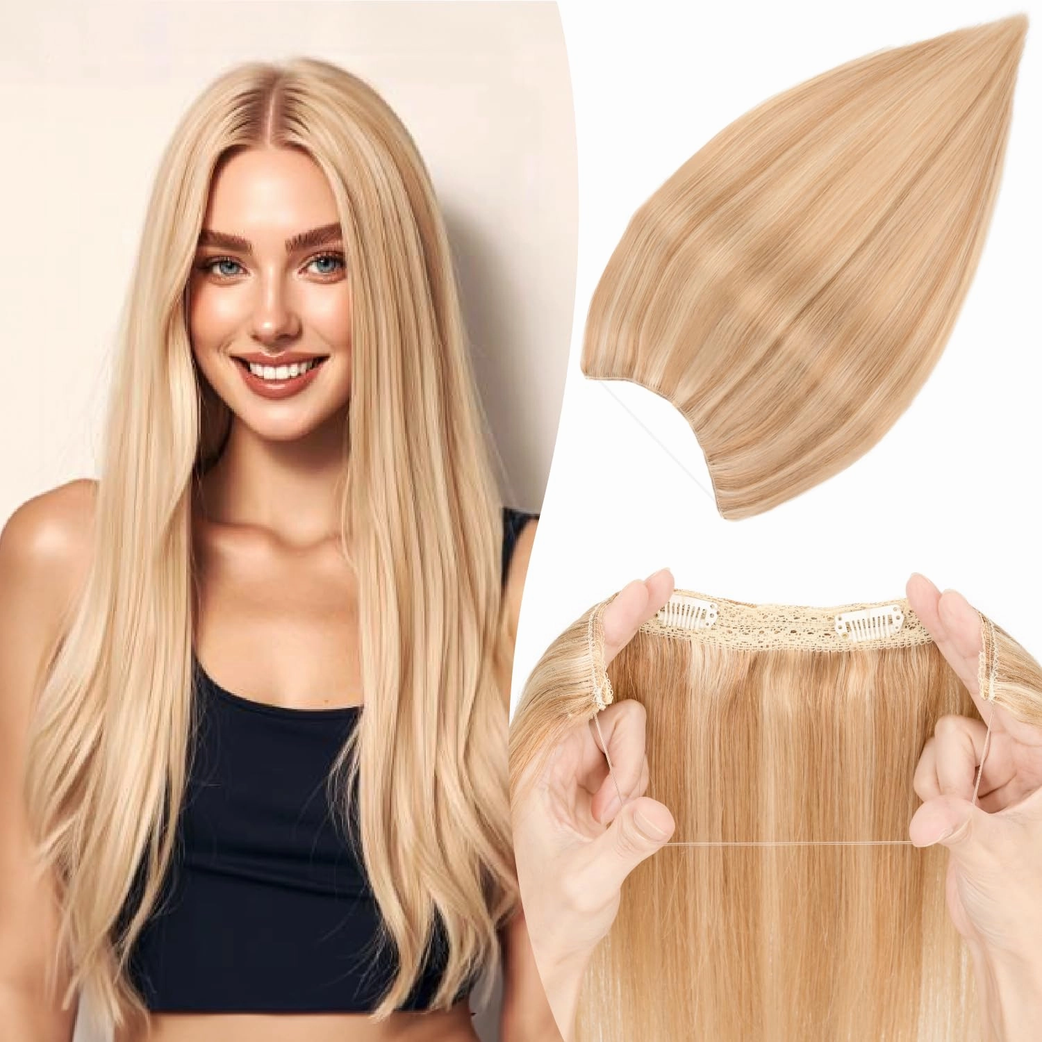 Halo Hair Extensions Straight, 100% Real Human Hair, Invisible Wire Extensions for Women,50g,12 Inch,#12P613 Golden Brown Mixed Bleach Blonde