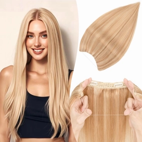 Halo Hair Extensions Straight, 100% Real Human Hair, Invisible Wire Extensions for Women,50g,12 Inch,#12P613 Golden Brown Mixed Bleach Blonde