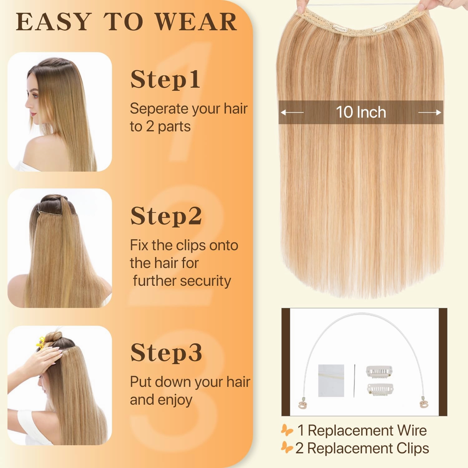 Halo Hair Extensions Straight, 100% Real Human Hair, Invisible Wire Extensions for Women,50g,12 Inch,#12P613 Golden Brown Mixed Bleach Blonde