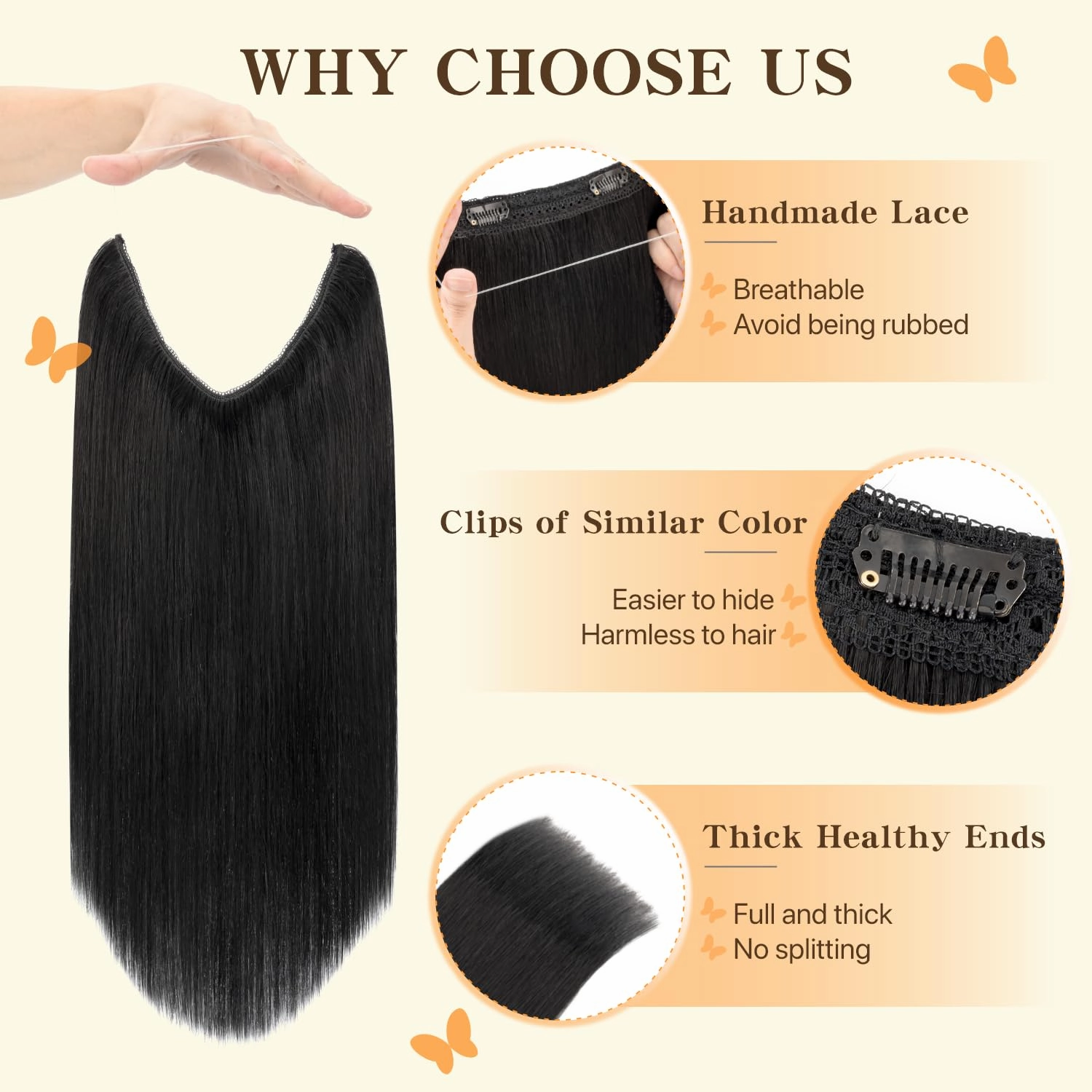 Halo Hair Extensions Straight, 100% Real Human Hair, Invisible Wire Extensions for Women,65g,16 Inch,#01 Jet Black