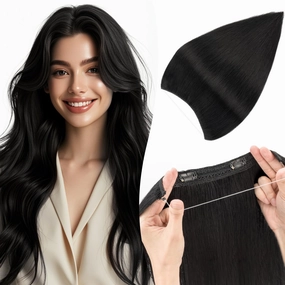 Halo Hair Extensions Straight, 100% Real Human Hair, Invisible Wire Extensions for Women,65g,16 Inch,#01 Jet Black