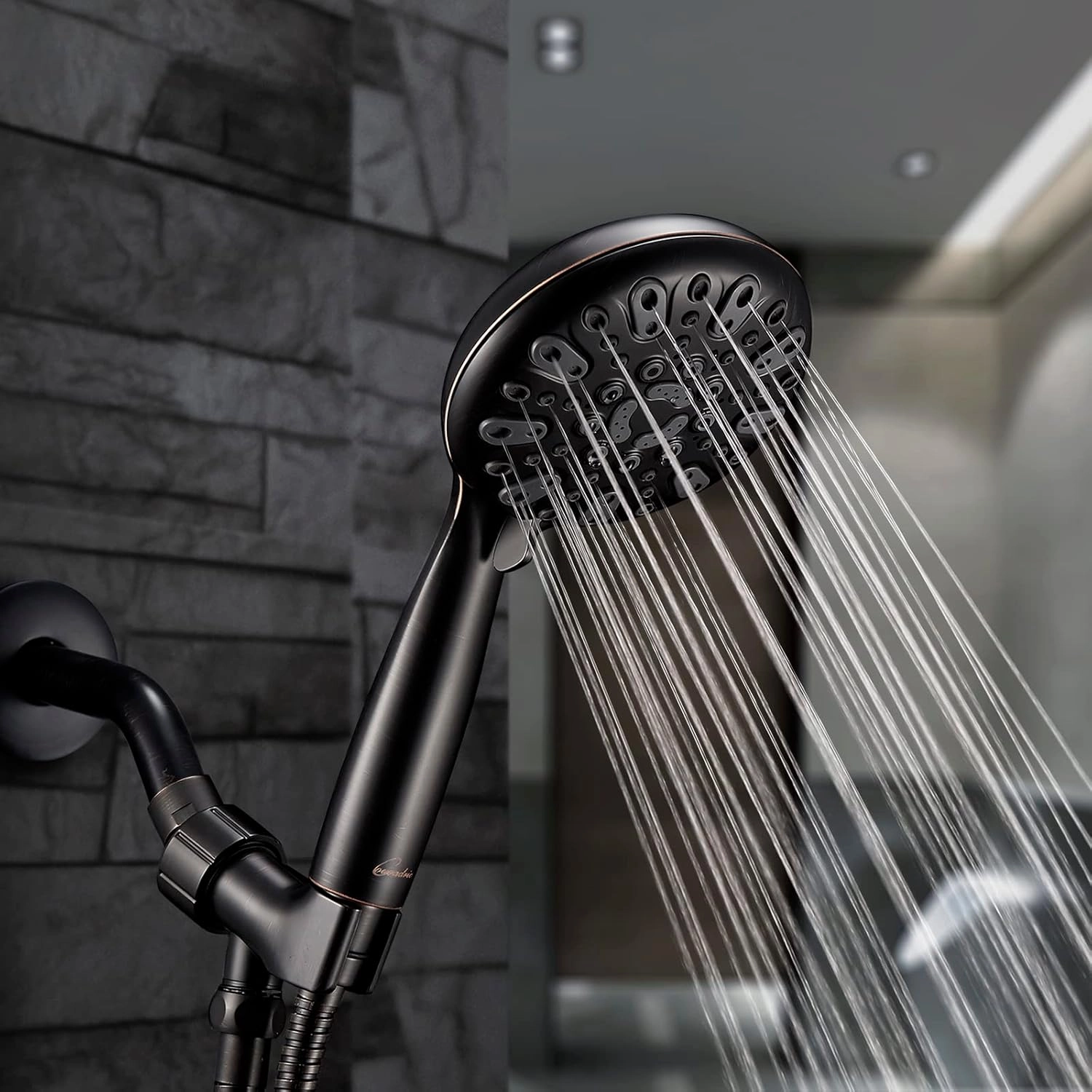 Handheld Shower Head, 6 Spray Setting High Pressure Shower Head with Brass Swivel Ball Bracket and Extra Long Stainless Steel Hose, Oil-Rubbed Bronze, 5"