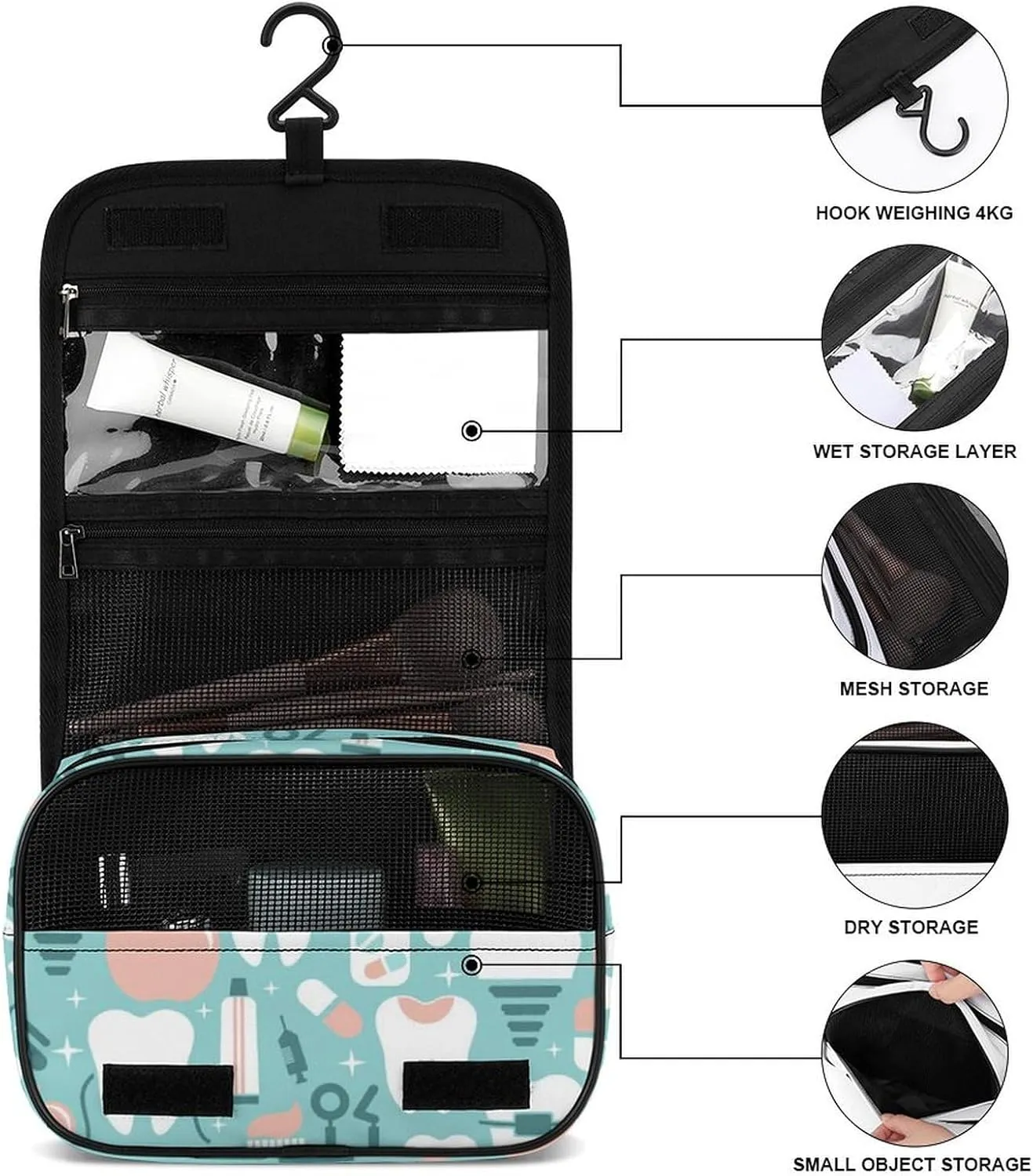 Hanging Travel Toiletry Bag Cosmetic Make Up Organizer Compatible with Teeth Dental Seamless Pattern for Women and Girls Waterproof