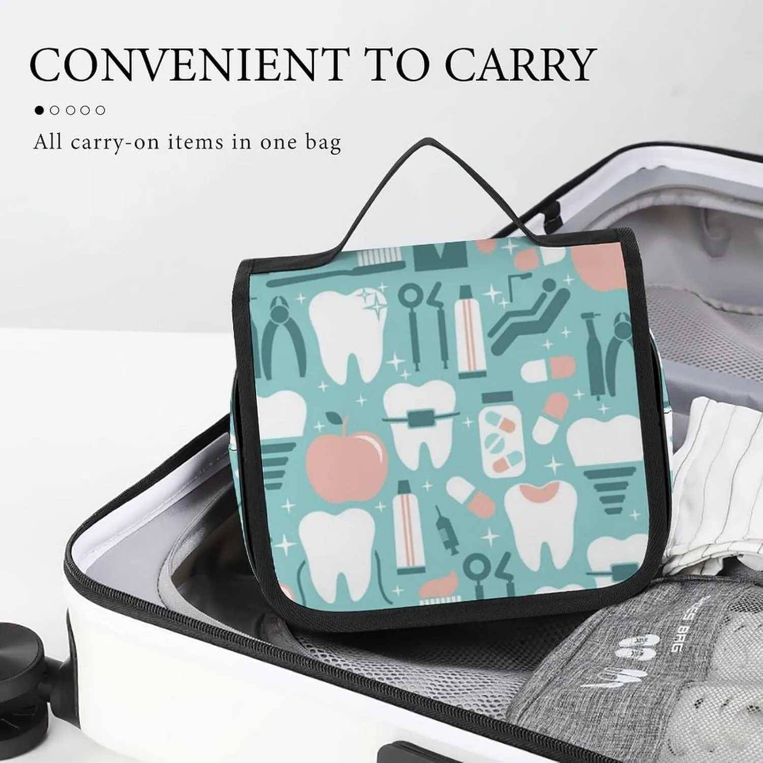 Hanging Travel Toiletry Bag Cosmetic Make Up Organizer Compatible with Teeth Dental Seamless Pattern for Women and Girls Waterproof
