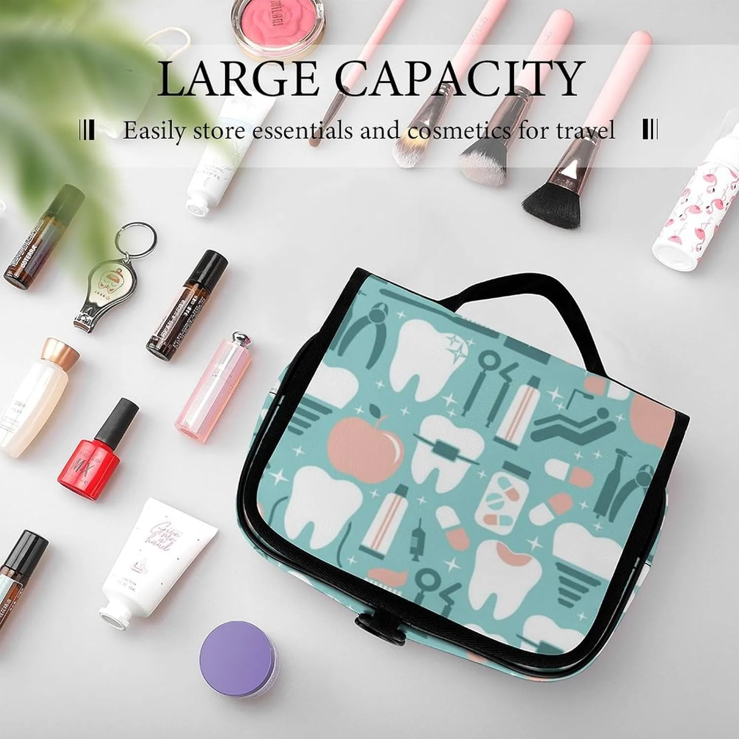 Hanging Travel Toiletry Bag Cosmetic Make Up Organizer Compatible with Teeth Dental Seamless Pattern for Women and Girls Waterproof