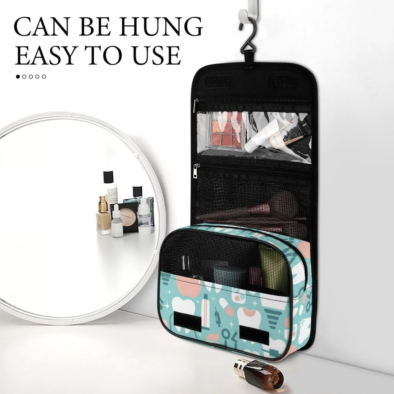 Hanging Travel Toiletry Bag Cosmetic Make Up Organizer Compatible with Teeth Dental Seamless Pattern for Women and Girls Waterproof