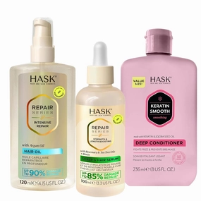 HASK Keratin Repair & Strength Bundle – Smoothing Deep Conditioner 6-Pack with Intensive Repair Hair Oil & Strength & Length Serum