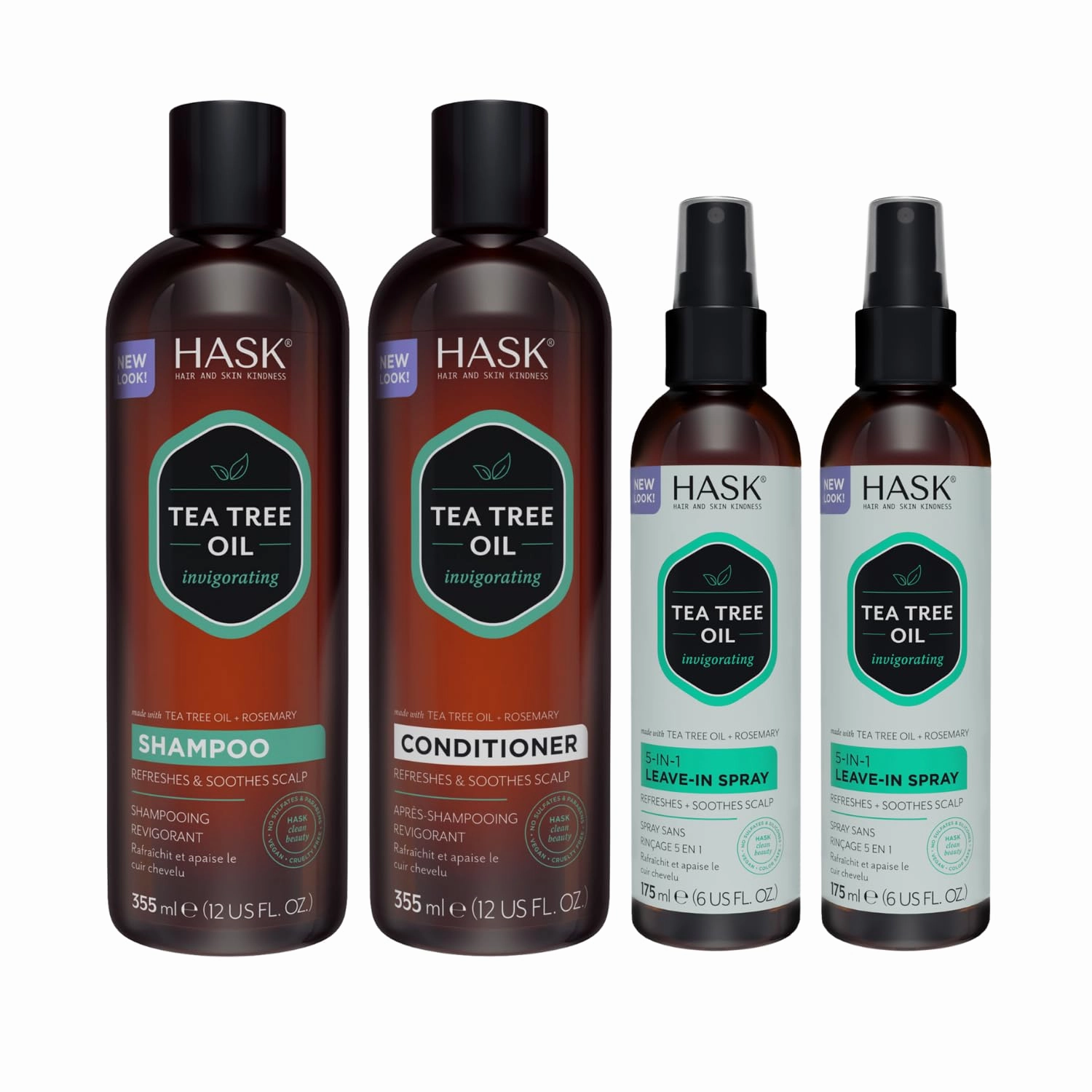 HASK Tea Tree School Pack: Tea Tree Oil & Rosemary Shampoo and Conditioners and a 2-pack of 5-in-1 Leave In Conditioner Sprays