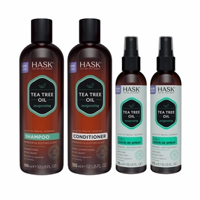 HASK Tea Tree School Pack: Tea Tree Oil & Rosemary Shampoo and Conditioners and a 2-pack of 5-in-1 Leave In Conditioner Sprays