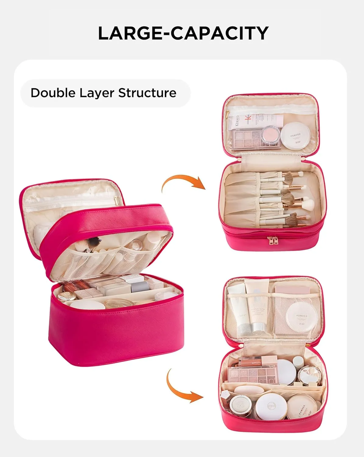 HBlife Double Layer Travel Makeup Bag Portable Cute Leather Cosmetic Bag Large Make Up Bag Makeup Case Organizer Toiletry Bag for Women Girls with Handle and Removable Divider(Hot Pink)