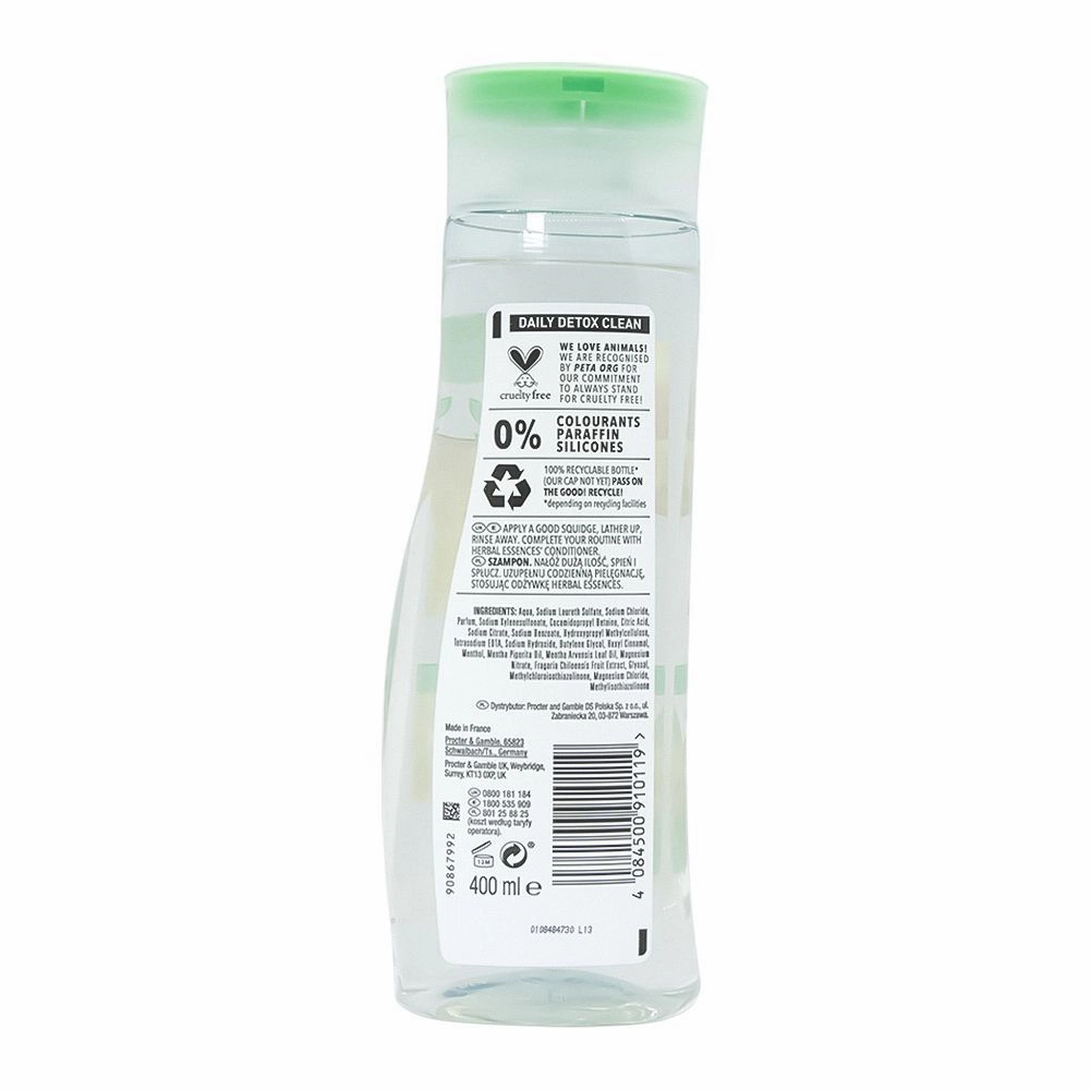 Herbal Essences Daily Detox Clean Golden Raspberry & Mint Essences Shampoo, For All Hair Types, 0% Colourants, Paraffin, Silicones, Cruelty-Free, 400ml
