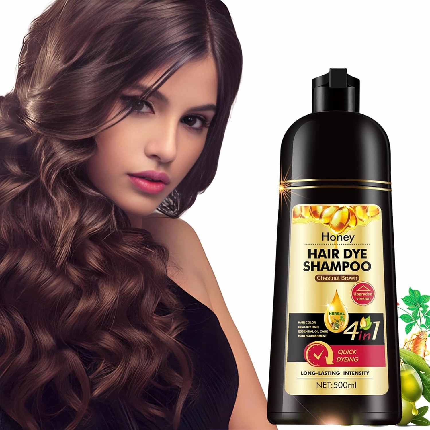 Herbal Instant Hair Dyeing Shampoo - Chestnut Brown | Brown Hair Tint with Herbs & Honey - Long-Lasting 3-in-1 Color Treatment for Women & Men - 500ML