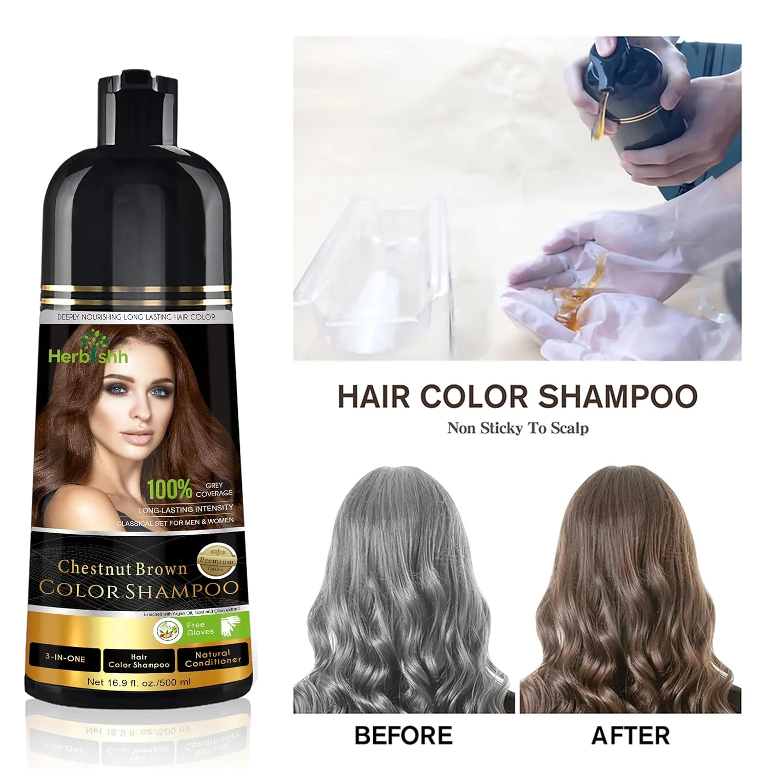 Herbishh Hair Color Shampoo for Gray Hair – Natural Hair Dye Shampoo – Colors Hair in Minutes – Lasts Up To 3-4 Weeks – 500 Ml – 3-In-1 Hair Color – Ammonia-Free | Herbishh (Chestnut Brown)