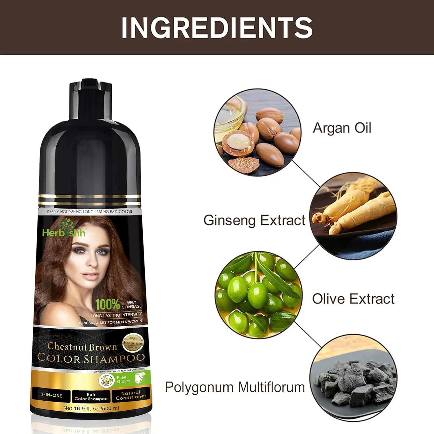 Herbishh Hair Color Shampoo for Gray Hair – Natural Hair Dye Shampoo – Colors Hair in Minutes – Lasts Up To 3-4 Weeks – 500 Ml – 3-In-1 Hair Color – Ammonia-Free | Herbishh (Chestnut Brown)