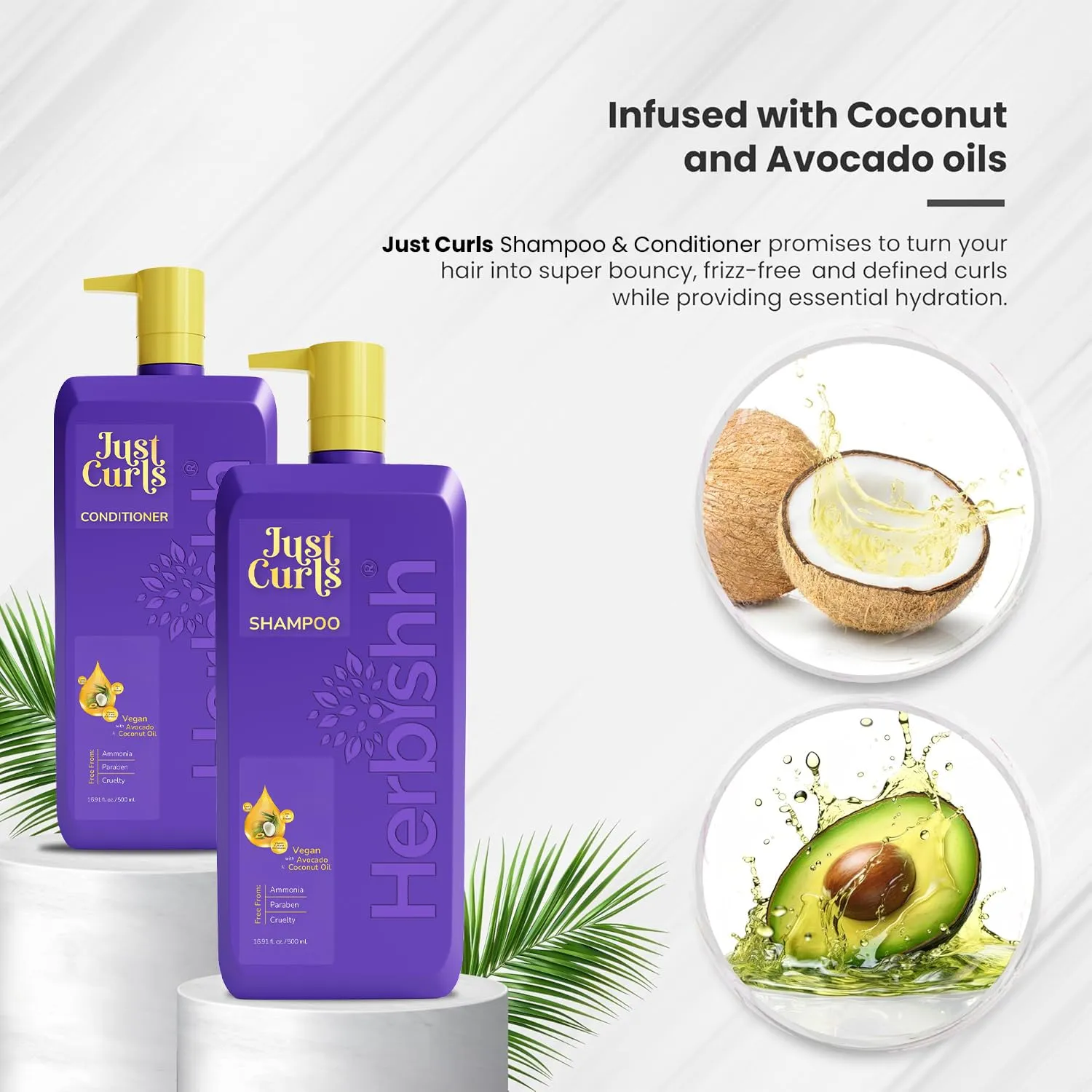 Herbishh Just Curls Coconut & Avocado Oil Infused Shampoo and Conditioner Set, Sulfate-free Vegan Kit for Curly, Nourished, Smooth Hair