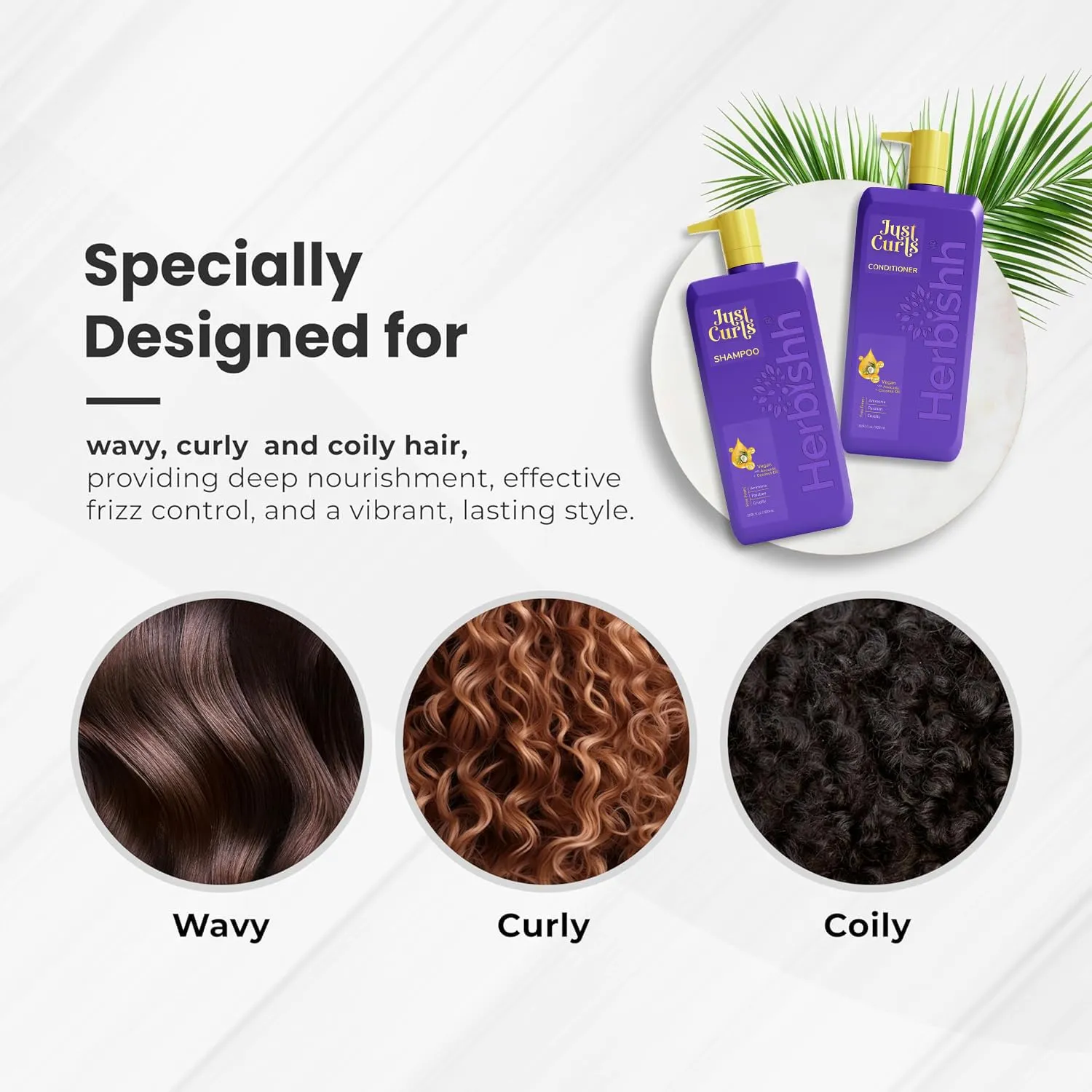 Herbishh Just Curls Coconut & Avocado Oil Infused Shampoo and Conditioner Set, Sulfate-free Vegan Kit for Curly, Nourished, Smooth Hair